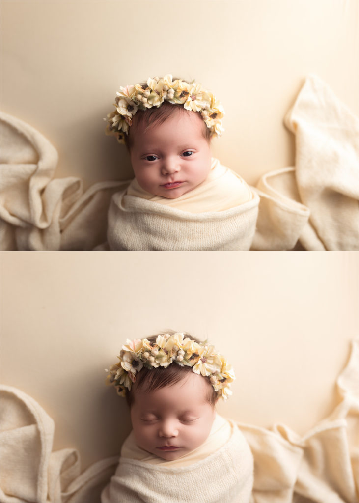 baby girl on yellow with flower crown newborn photoshoot